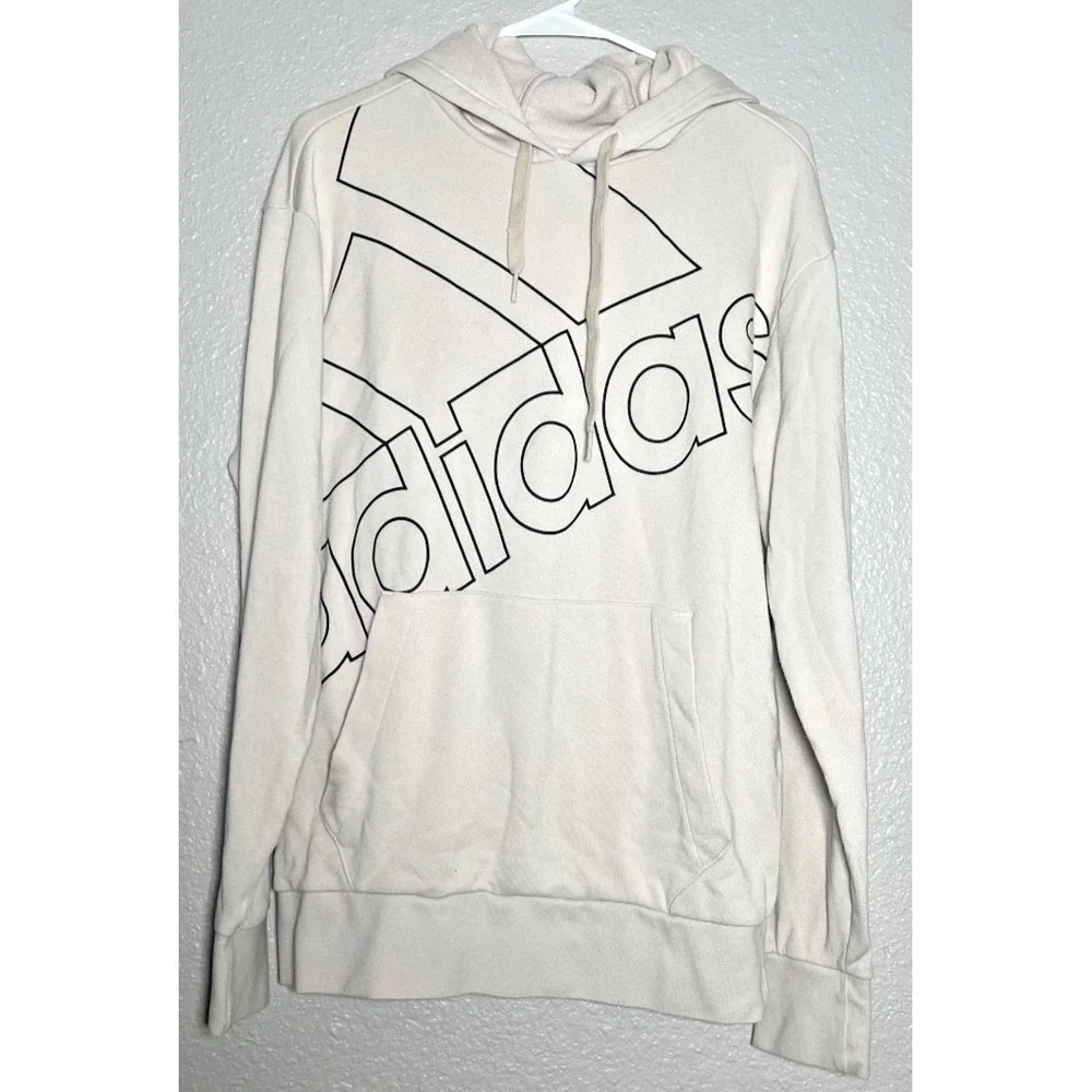 Adidas Hoodie Sweatshirt Men's Size Small Cream Logo‎ Pocket Drawstring